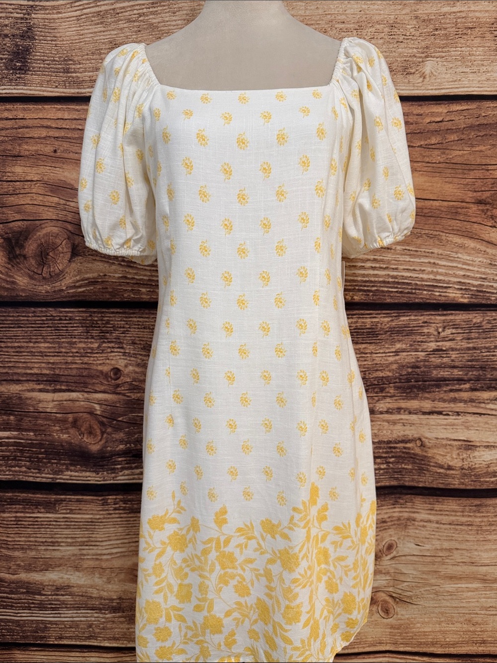 LC Lauren Conrad White Midi Dress with Yellow Floral Print and Puff Sleeves - Picture 1 of 9